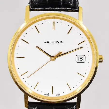 Herrur Certina Ø 33,5mm 18K quartz datum svart original läderband box medföljer