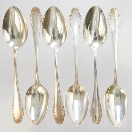 6 Bordsskedar modell: Haga, längd: ca.185mm, svenska stämplar, personlig gravyr, repiga, något missfärgade, silver 830/1000 Vikt: 256,3 g