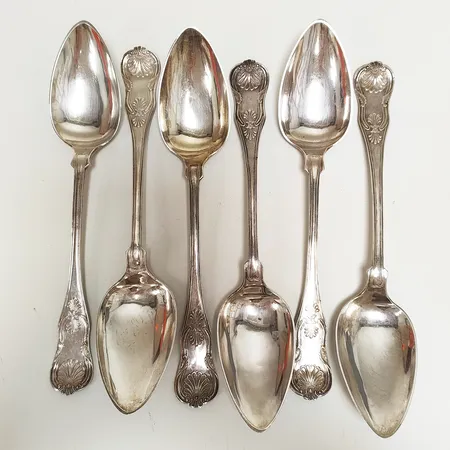 6 Matskedar modell: Engelsk Snäck, längd: 230mm, E. Fröberg, 1865, silver 830/1000 Vikt: 368,7 g