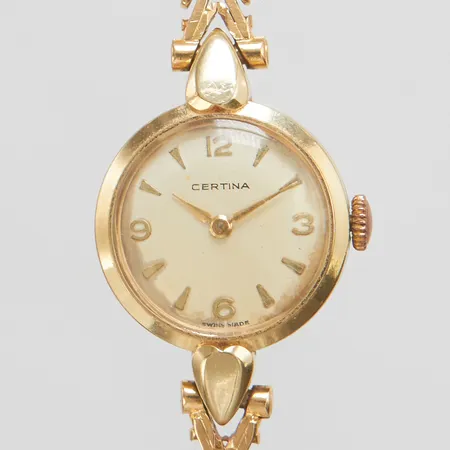 Damur Certina 14K Ø19,5mm manuell, guldlänk 18K, längd inklusive ur: ca.17,5cm, bredd länk: 5,3mm, bruttovikt 24,7g