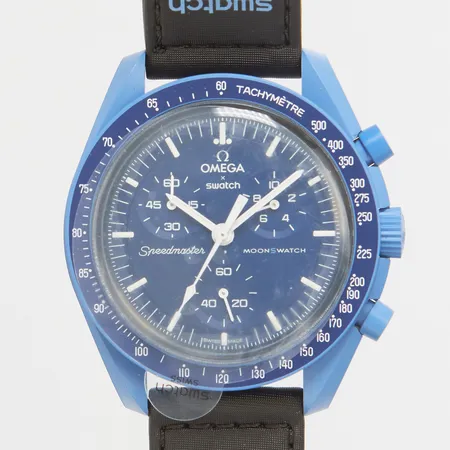 Herrur Swatch MoonSwatch Mission To Neptune, plast, quartz, 42mm, kronograf, tygband, batteribyte, kvitto Holland 14/08/24, box.