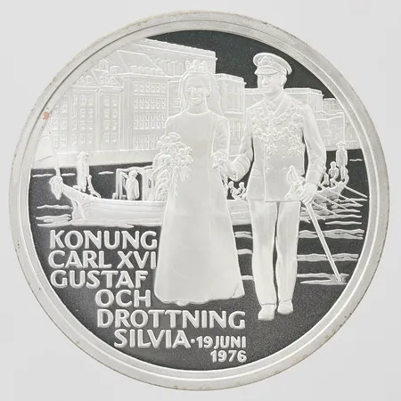 Mynt Kungariket konung Carl XVI Gustaf och drottning Silvia, 19 juni 1976, 925/1000 silver, plastetui Vikt: 26,4 g
