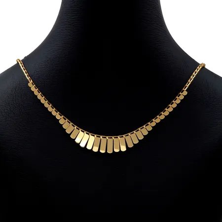 Collier, 18K guld, modell med hängande tappar, Guldfynd (GFAB), längd 42,5 cm, bredd 2-11 mm, fint skick Vikt: 7,3 g