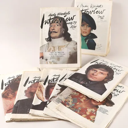 Nio tidningsmagasin, Andy Warhols Interview, från 1973, april, mars, maj, juni, augusti, september, oktober, november, december, slitage, mindre skador. 