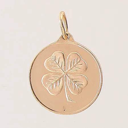 Hänge med fyrklöver samt text "Lycka", Ø15m, 18K  Vikt: 2,2 g