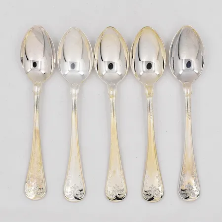 Fem kaffeskedar, längd 12cm, modell gammel fransk, 830/1000 silver Vikt: 93,2 g