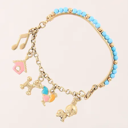 Barnarmband med fem berlocker samt blå stenar, längd: 11,5cm, bredd: 45-5mm, emaljdetaljer på 2 berlocker, 18K   Vikt: 7,9 g