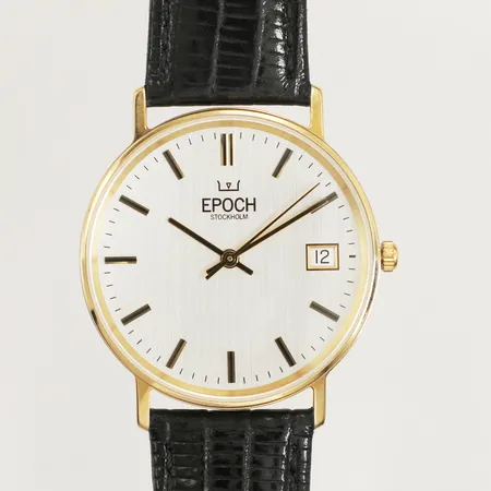 Armbandsur Epoch, 14K, Ø33mm, quartz, datum, personlig gravyr, läderarmband, går ej, box