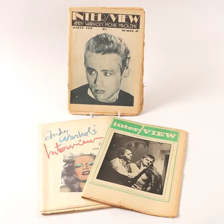Tre tidningsmagasin Andy Warhols Interview, nr 3 1969, och nr 5 1971 samt maj 1972, slitage, mindre skador.