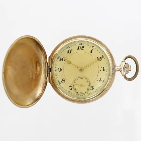Fickur, Record Watch Co., Ø 50mm, manuell, liten sekundvisare, boett-nr: 1101285, graverad, repor samt bucklor, 14K guld Bruttovikt: 84,6g