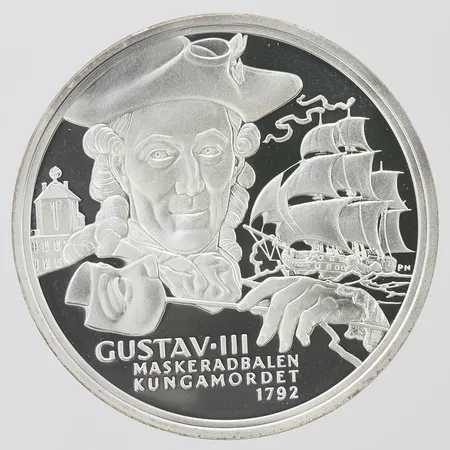 Mynt Kungariket Sverige Gustav III, maskeradbalen kungamordet 1792, 925/1000 silver, plastetui. Vikt: 27,4 g