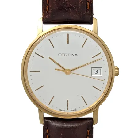 Herrur Certina, 14K guld, Ø33,5 mm, quartz - behov av nytt batteri, gravyr från 1997, bruksmärken, universal skinnband, Vikt: 0 g