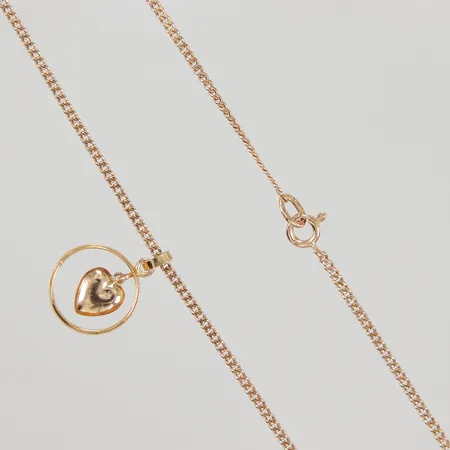 Kedja med hänge 38,5cm, bredd 1,9mm, hängets längd 22mm, Ø15,6mm, hänget går inte att trä av, gravyr, ringdel i 20K, 18K, Vikt: 7,6 g