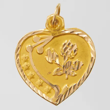Hänge hjärta med blommotiv, längd ca 24mm inkl ögla, bredd 9mm, 18K Vikt: 0,8 g
