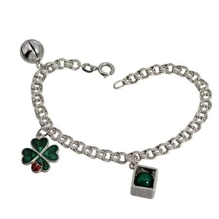 Armband Bismarck med tre berlocker, silver 835/1000, tillverkare FBM, längd 19 cm, bredd 5 mm, berlocker med varierat mått, felfri emalj, sten utan anmärkning  Vikt: 11,3 g