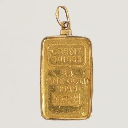 Guldtacka/hänge Suisse 5g, längd 30mm, bredd 9,5mm, skev ögla, ram i 14K, 24K 