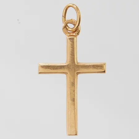 Hänge kors, längd ca 24mm inkl ögla, bredd 2-12mm, repig, 18K Vikt: 0,5 g