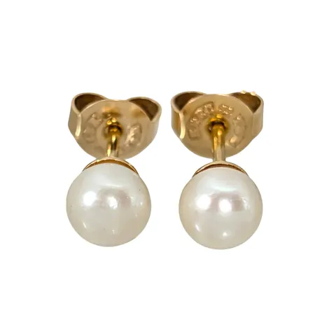 Örhängen, 18K guld, odlade Pärlor Ø 5 mm, blåvitrosa ton, god lyster, originalploppar stämplade K&EC - Ceson Guldvaru Ab, fint skick Vikt: 1,2 g