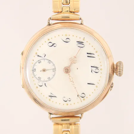 Fickur omgjort till armbandsur, boett i 14K, manuell, Ø32mm, ref-nr: 279022 678, innerboett i metall, plexiglas, armband i stål/doublé, längd 17,5cm, bredd 9,8mm, monogram 