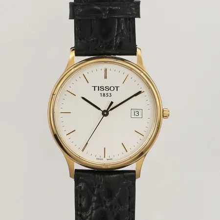 Armbandsur Tissot, 18K, Ø34mm, quartz, går ej, datum, gravyr, läderarmband, box