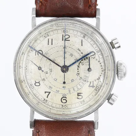 Herrur, Alpina, manuell, kronograf, Ø36mm, 1940-tal, stål, åldersbetingat slitage, renoverad, ej originalläderband. 