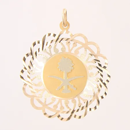 Hänge med genombruten dekor, Ø40mm, repig, 18K  Vikt: 7,1 g