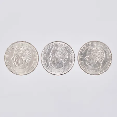 Tre mynt Gustav VI Adolf 2kr år 195-1954 400/1000 silver Bruttovikt  Vikt: 42 g