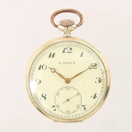 Fickur Viking, 14K, manuell, Ø50mm, boett-nr: 6913, kaliber: 526, liten sekundvisare, innerboett i metall, rost på urtavla samt visare, gravyr, bruttovikt: 78,7g Vikt: 0 g