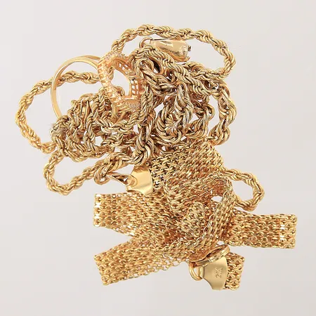 Diverse guldsmycken, defekta, skeva, fattas sten, 21K  Vikt: 25 g