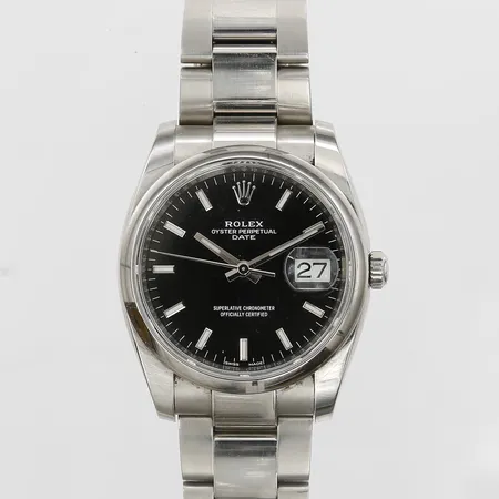 Herrur Rolex Oyster Perpetual Date, stål, automatisk, referensnummer 115200, serienummer 524056T9, kaliber 3135, boettnummer 2330, verknummer 181115W4, Ø36mm, länkreferens Z5D, extra länkbit medföljer, certifikat daterat 2019, box, ytterkartong, smärre slitage, ytliga repor.