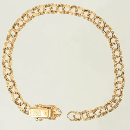 Armband bismarck, längd 18cm, bredd 5mm, trasig, gått av i länk, 18K, 8,6g 