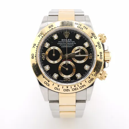 Herrur Rolex Daytona Guld / stål med svart diamant tavla, ref: 116503, serie nr 697938J3. box och cert, uttagen 2022, totalt 11 länkbitar, ej ytterbox Vikt: 0 g