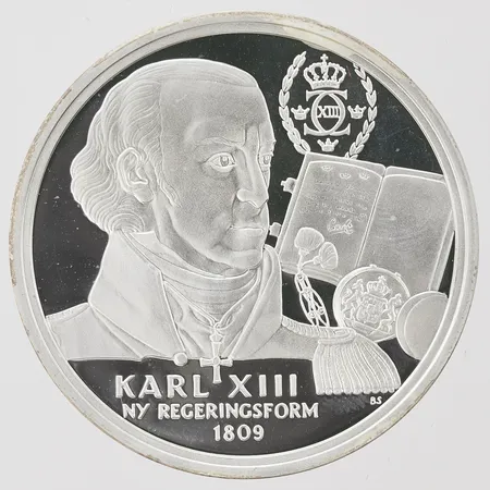 Mynt Kungariket Sverige Karl XIII, ny regeringsform 1809, 925/1000 silver, plastetui. Vikt: 27,4 g