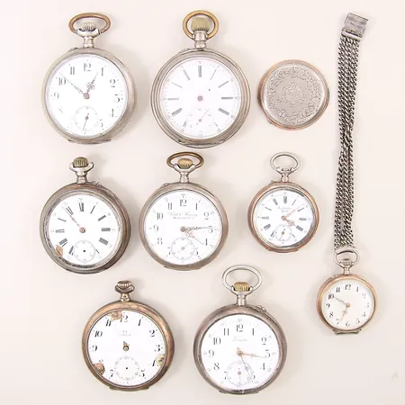 Diverse fickur, defekta, klock-kedja i ostämplat silver, 800/1000, bruttovikt: 583,6g