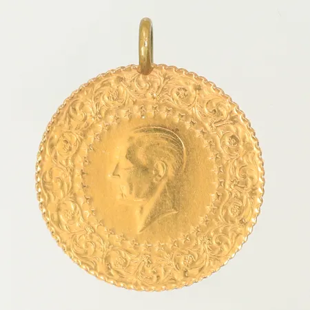 Hänge mynt ataturk, längd 20mm inkl ögla, Ø 18mm, ögla i metall, 21K, 1,8g Vikt: 1,8 g