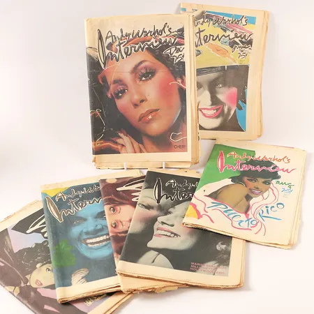 Sju, tidningsmagasin, Andy Warhols Interview, från 1975, januari, februari, juni, juli, augusti, september, december, slitage, mindre skador.