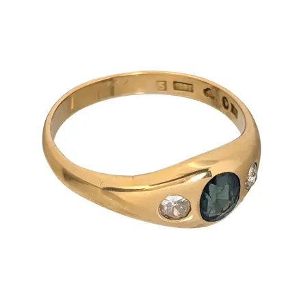 Ring, 18K guld, diamanter, gammalsipade 2 x cirka 0,08ct, safir, stenar med mindre slitage, svensk kontrollstämpel, Ø19¾, bredd 3-8 mm, Vikt: 5 g