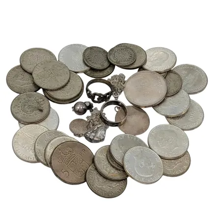 Parti svenska silvermynt 400-925/1000, finvikt cirka 282g, smycken vikt 20,3g