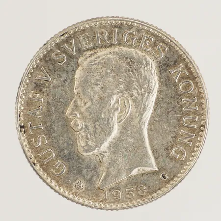 Mynt 2kr, Gustav V Sveriges Konung, Med folket för fosterlandet, 1939, Ø31mm, 800/1000 Vikt: 15 g