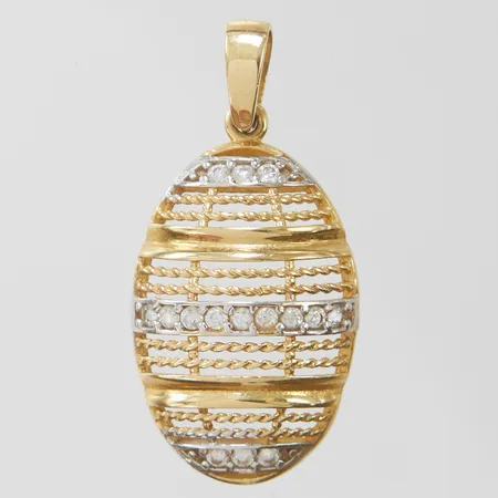 Hänge med genombruten dekor samt vita stenar, längd ca 27mm inkl ögla, bredd 13mm, 14K Vikt: 1,5 g