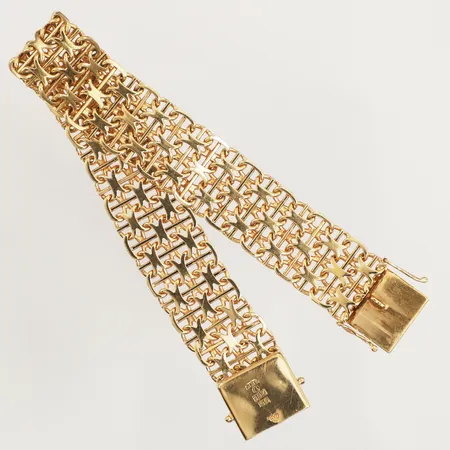 Armband X-länk med stav, längd 19cm, bredd 15,4mm, Hedens Guldsmeds Ab Bröderna, år 1966, 18K  Vikt: 30,5 g