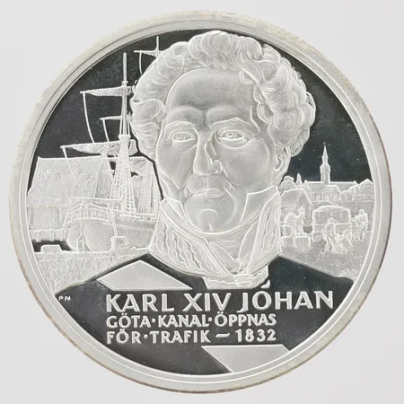 Mynt Kungariket Sverige Karl XIV Johan, Göta Kanal öppnas för trafik 1832, 925/1000 silver, plastetui. Vikt: 27,8 g