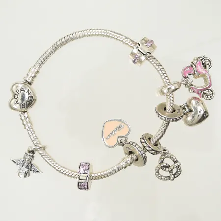 Armband Pandora med rosa emaljdetaljer och rosa stenar, längd 17cm, bredd 2,5-20mm, Silver 925/1000, 34,5g Vikt: 34,5 g