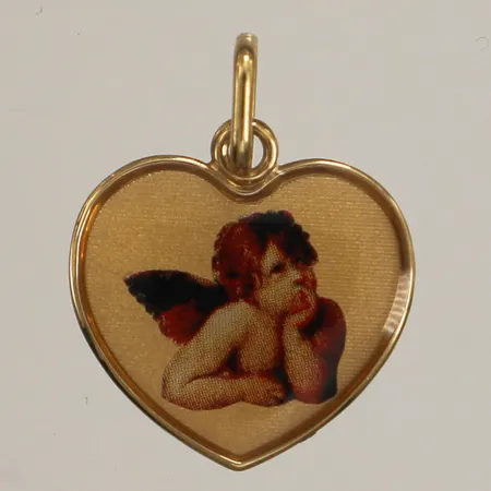 Hänge med ängel, längd 25mm inkl ögla, bredd 18mm, plastdekor, GHA, 18K  Vikt: 1,4 g