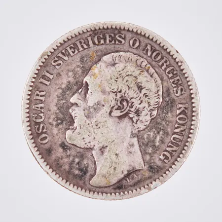 Ett mynt Oscar II 2kr år 1878 800/1000 silver Bruttovikt  Vikt: 14,6 g