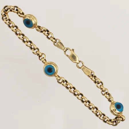 Armband med blå glas detaljer, längd 20,5cm, bredd 8,5mm, slitna glas detaljer, 14K  Vikt: 9,2 g