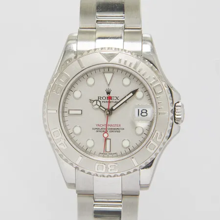 Armbandsur Rolex Yacht-master Mid-size, stål/platina, automatisk, 35mm, ref 168622, snr M347750 ca 2008, Cal. 2235, verknr R13194T8, safirglas, datum, oysterlänk, ref: 78750/CX11, viklås, två extra länkbitar, manual, skadat certifikat daterat 19 SEP 2013, Aten, box, ytterkartong.