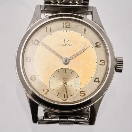 Herrur Omega, Ø34mm, stål,  manuell, liten sekundvisare, cal 265, verk-nr 11868598, ref-nr 2622-1, personlig gravyr på boett, flexband, box, otydligt service kvitto från 2017 på 3395:-