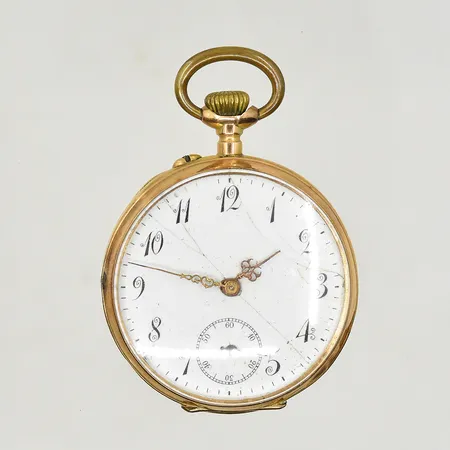 Mormorsur 14K, boett Ø33 mm, manuell, boett nr 75951, innerboett i metall, defekt/går ej, skadad tavla/visare, okänd tillverkare, bruttovikt 28,4g