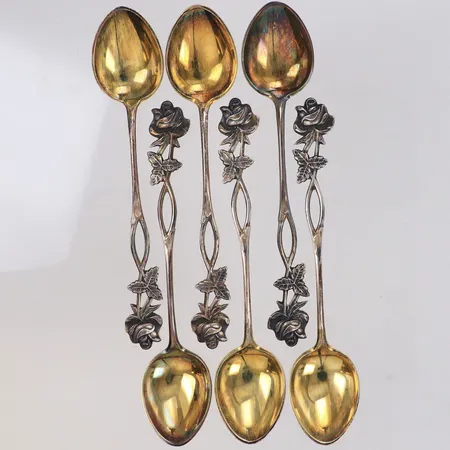6 Skedar Rosen, längd 11cm, delvis förgyllda, silver 813/1000 Vikt: 54,3 g